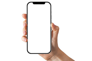 Hand holding mobile phone screen mockup, using smartphone touchscreen, cellphone, phone isolated on white background transparent PNG