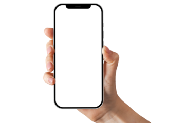 Hand holding mobile phone screen mockup, using smartphone touchscreen, cellphone, phone isolated on white background transparent PNG