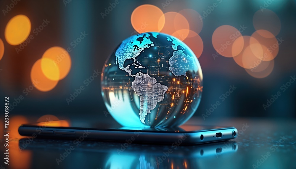 Poster glass globe of earth sits on smart phone. digital world map glows on transparent sphere. futuristic 