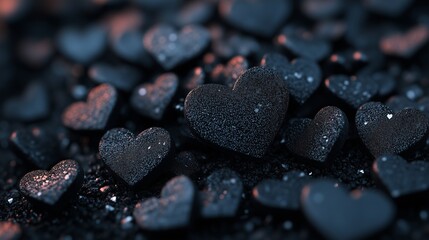 A 3D rendering of countless small black hearts scattered into a perfect heap, their matte and glossy surfaces catching subtle highlights.
