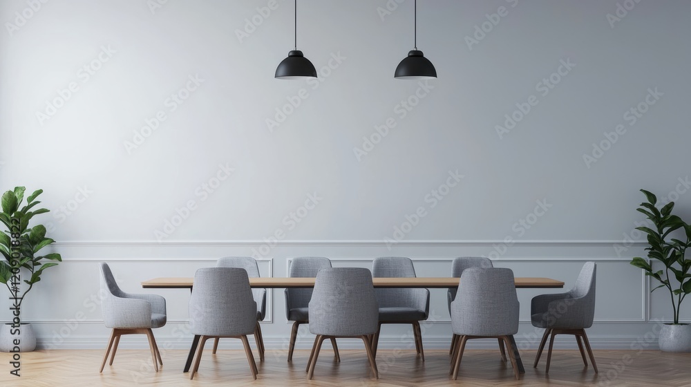 Poster Modern meeting room with empty table and gray chairs creating a distraction-free environment