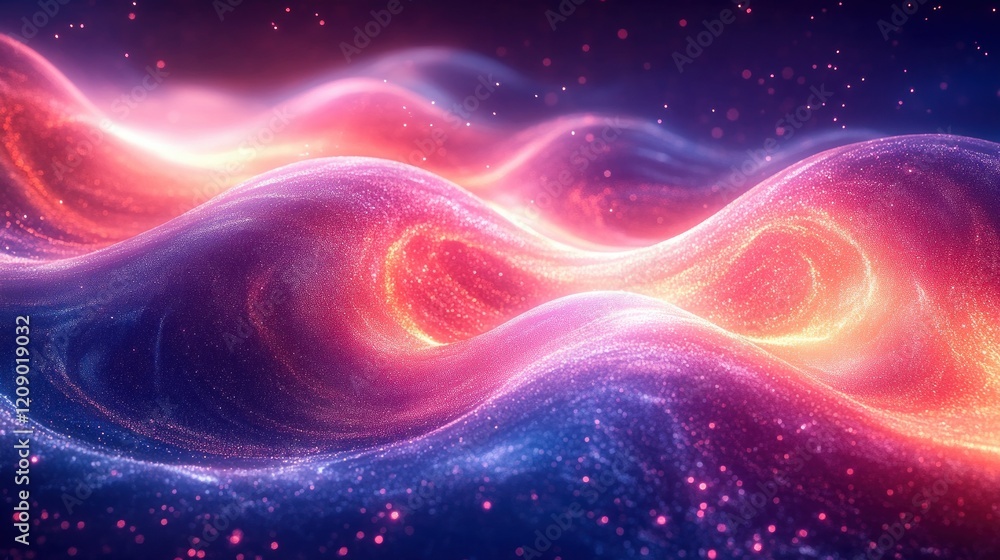 Poster futuristic cyberpunk digital landscape with neon light ribbons and abstract data flow in 3d represen