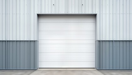 Fototapeta premium Modern industrial building exterior features blank white sectional door on facade of light gray, dark gray corrugated metal. Contemporary industrial design with clean lines. Empty space perfect for