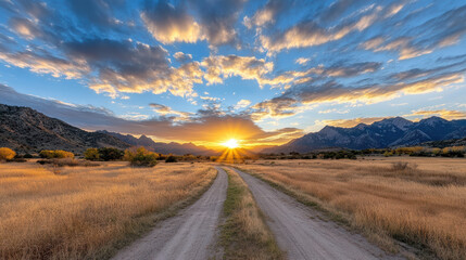 stunning sunset over mountain range with winding dirt road