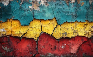 Obraz premium Ukrainian Russian Conflict Mural Graffiti Art Street Art Cracked Wall Flags