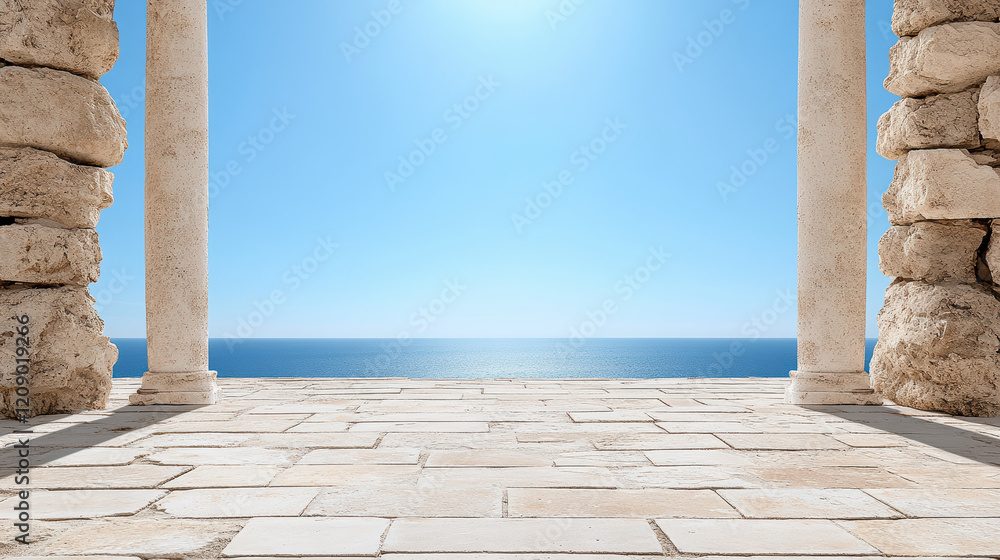 Poster serene view of ancient architecture with columns overlooking ocean