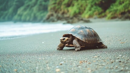 Galapagos tortoise walks on black sand beach near ocean waves.
