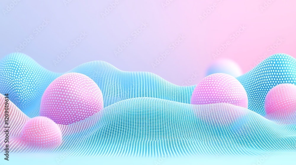 Poster colorful 3d abstract landscape with pink and blue spheres surrounded by wavy mesh pattern in soft gr