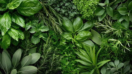 Richly flavored herbal garden with various green plants and herbs