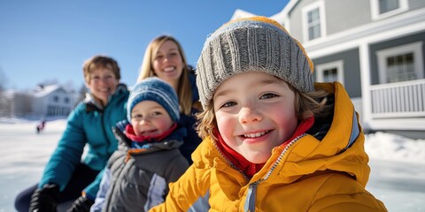 Winter Activities, A joyful family enjoys a sunny day outdoors, dressed in winter clothing, with children smiling while sitting on snow.