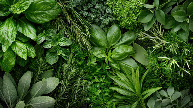 Richly flavored herbal garden with various green plants and herbs