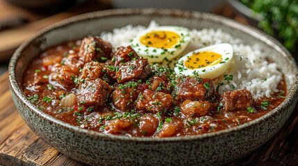 Savory Beef Stew Served with Rice and Eggs
