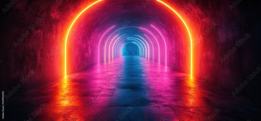 Poster futuristic cyberpunk corridor tunnel with neon lights minimalistic design high contrast geometric sh