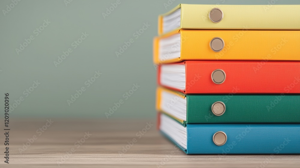 Aufkleber stack of colorful folders on wooden desk with green background