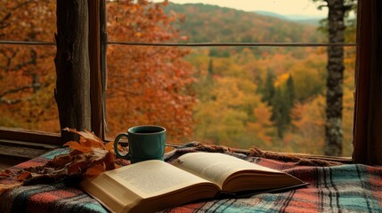Autumnal Tranquility: A Cozy Window Seat with a Book and Coffee, Overlooking a Breathtaking Fall Landscape