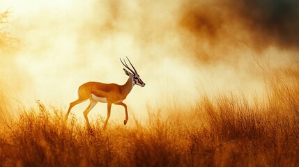 Naklejka premium Gazelle running through tall grass at sunset.