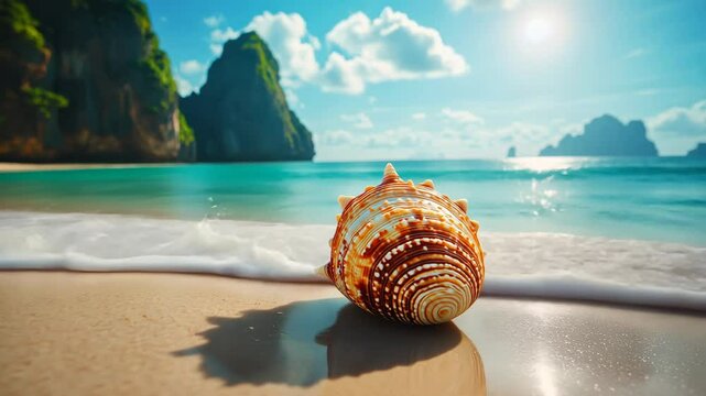 Beautiful seashell rests on sandy beach with clear turquoise waters and lush green cliffs during bright sunny day