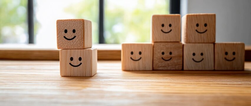 Smiley Face Growth on Wooden Block for Business Satisfaction Survey Concept Excellent Customer Experience Feedback