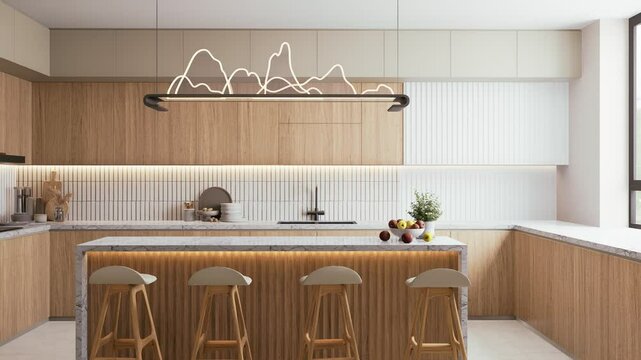 A modern kitchen featuring wooden cabinetry, sleek light fixtures, and a spacious island with bar stools, creating a warm and inviting atmosphere. 3d rendering interior animation in 4K.