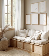 Cozy Scandinavian Children's Room with Wooden Storage Bench and Soft Cushions in Neutral Colors