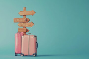 Pink suitcases with wooden directional signpost against a teal background.