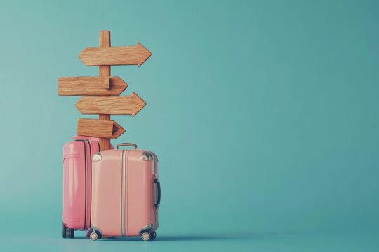 Pink suitcases with wooden directional signpost against a teal background.