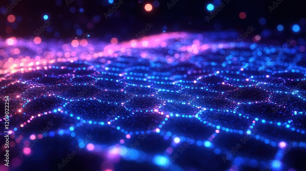 Poster cyberpunk hexagonal network abstract digital landscape with glowing lights and fog effects