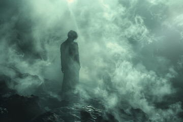 Obraz premium A figure standing in the dark fog. Scary ghost in dark mysterious forest