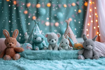 Bright and colorful exotic jungle background for kids. Magical fantasy forest with fabulous animals, palm trees. Wallpaper for kids room or photography backdrop.