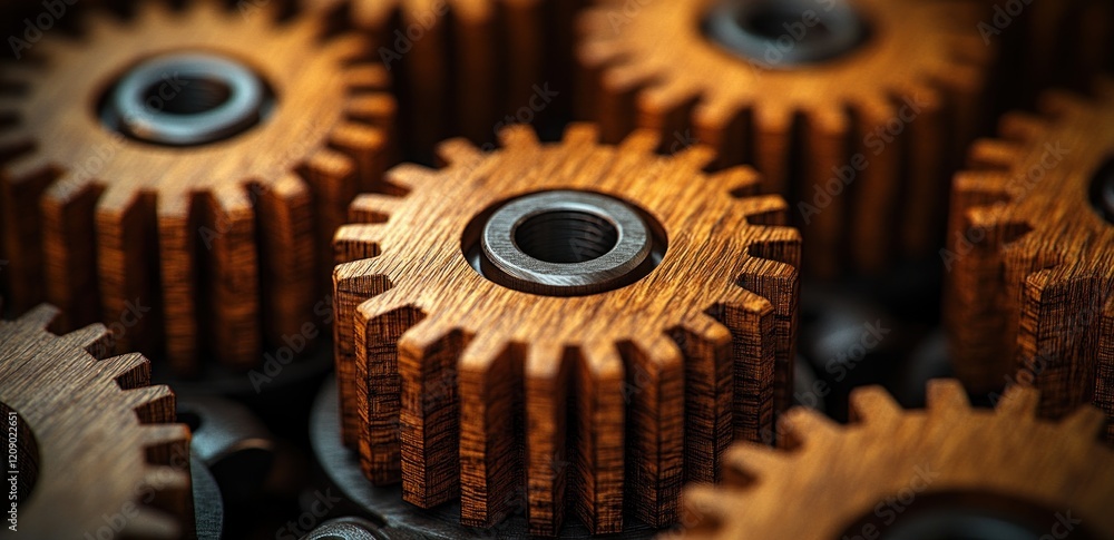 Poster teamwork and synergy in business process automation with wooden gears flowchart