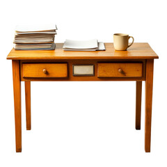 Simple wooden desk with paperwork and coffee mug organized on top isolated on transparent background