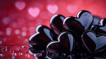 A beautifully arranged heap of glossy black hearts, piled elegantly on a smooth, reflective surface.