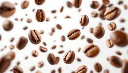 Obraz premium Coffee Beans Falling in Slow Motion Against a White Background