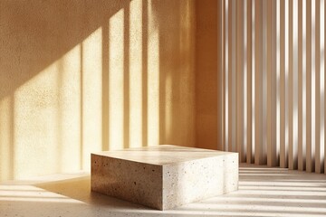 Minimalist beige room with sunlit terrazzo podium.
