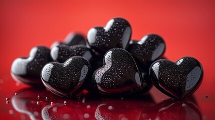 A beautifully arranged heap of glossy black hearts, piled elegantly on a smooth, reflective surface.
