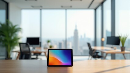 Fototapeta premium Tablet Mockup in Office Setting, Office with city view tablet on desk vibrant screen photorealistic.
