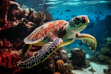 Fototapeta premium Stunning Image of a Green Sea Turtle Swimming in a Colorful Coral Reef
