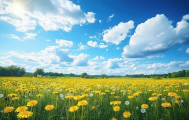 Fototapeta premium Dandelions Blooming in Vibrant Meadow Under Blue Sky