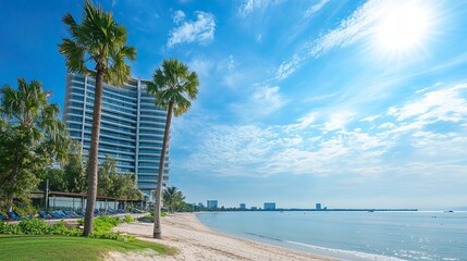 Tropical Beach Resort With Modern Highrise Building