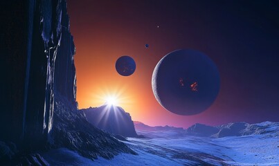 Alien planet landscape at sunset with three planets and a cliff.