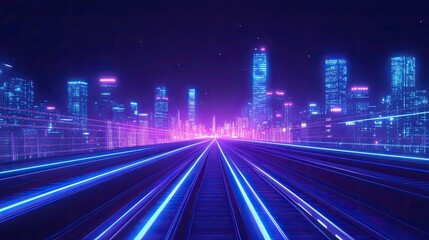 Neon Cityscape Illuminated Tracks Futuristic Railway