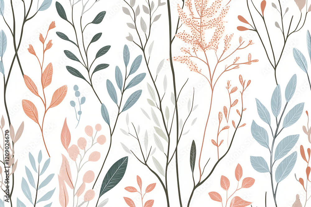 Poster delicate floral pattern: an intricate and calming pattern of stylized branches and leaves in soft bl