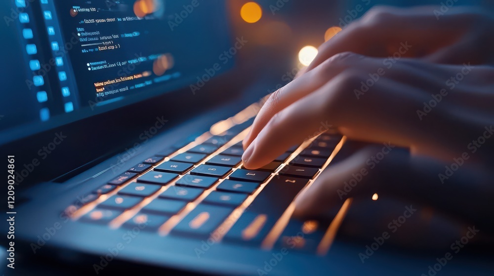 Poster a close-up of a laptop keyboard with fingers typing, capturing the act of using a laptop for work or