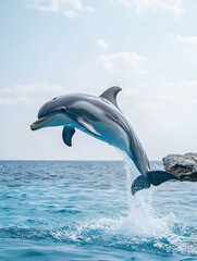 Fototapeta premium Dolphin Leap of Joy: A playful dolphin leaps out of the turquoise water, showcasing its sleek, silver form against the backdrop of a clear blue sky.