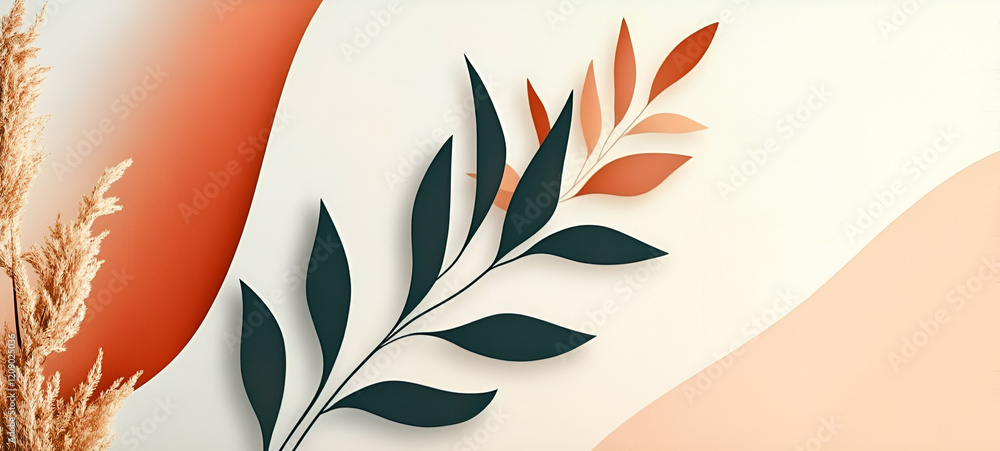 Poster abstract minimalism: a simple yet elegant composition featuring a single sprig of leaves with vibran