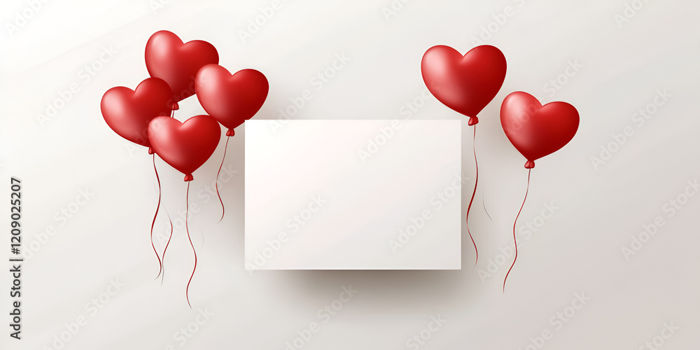 Poster red heart balloons and blank card: a charming composition of six heart-shaped balloons floating with
