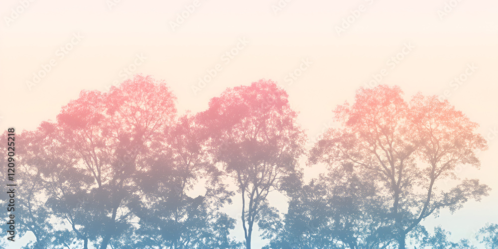 Poster silhouetted trees at dusk: a serene and ethereal image capturing a cluster of trees standing tall ag