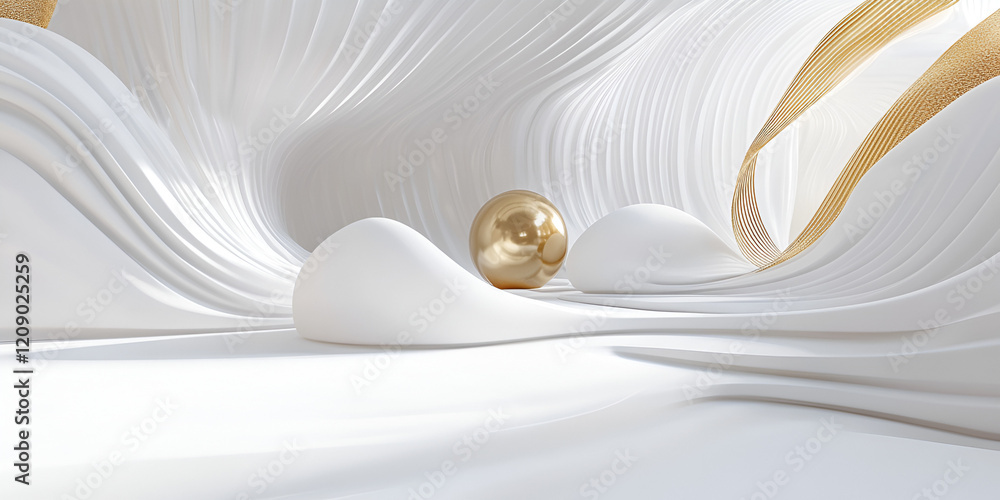 Poster golden sphere in abstract white cave: a mesmerizing 3d render of a golden sphere nestled within an u