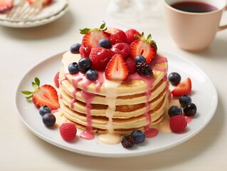 Valentine's Day Pancake Stack with Syrup and Berries 