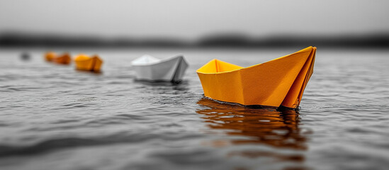 Ai generate paper boats on calm water scenic landscape minimalist photography serene environment